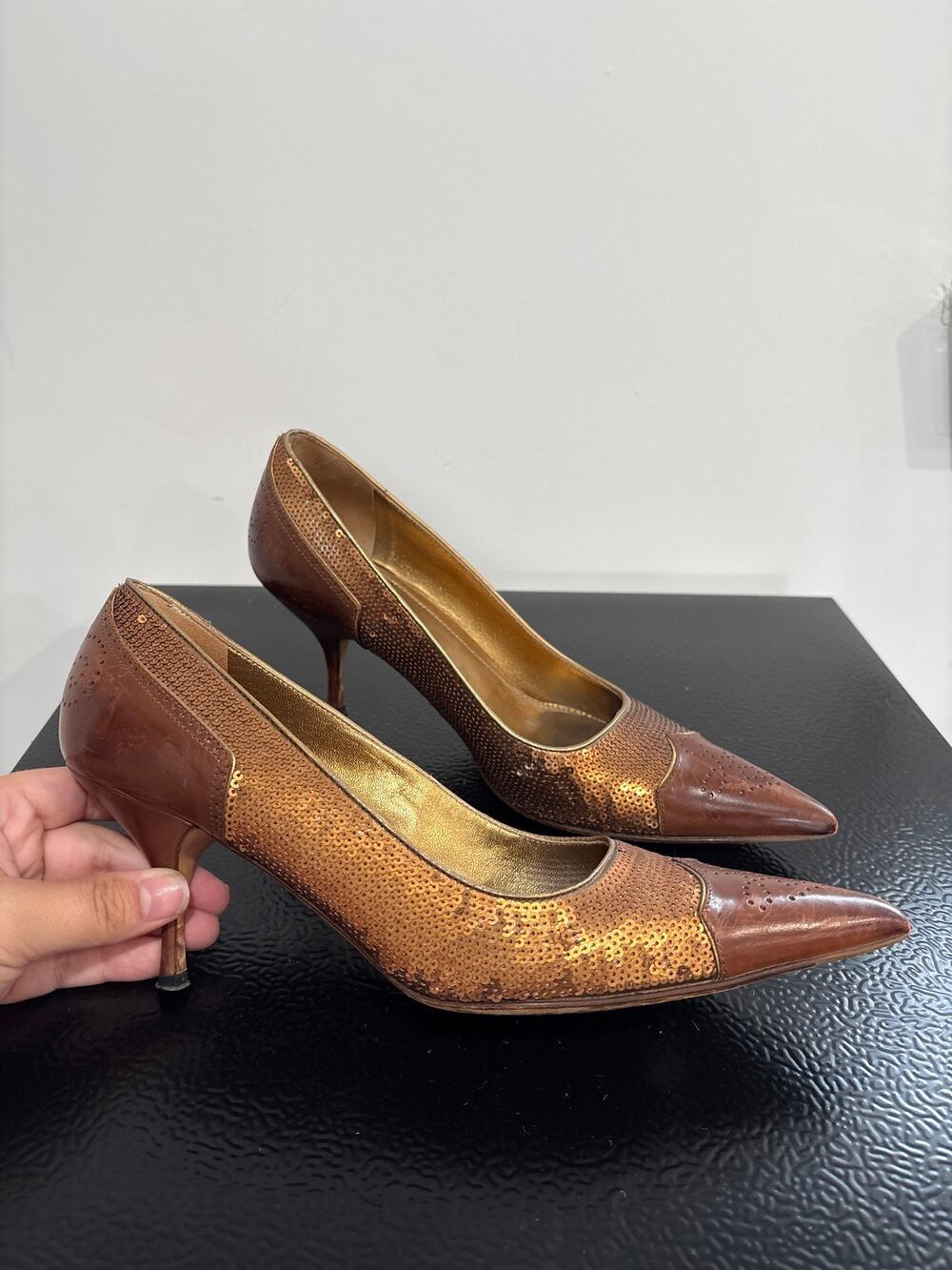 Prada Vintage Wing Tip Sequin Heels Brown EU 38.5 US 8.5